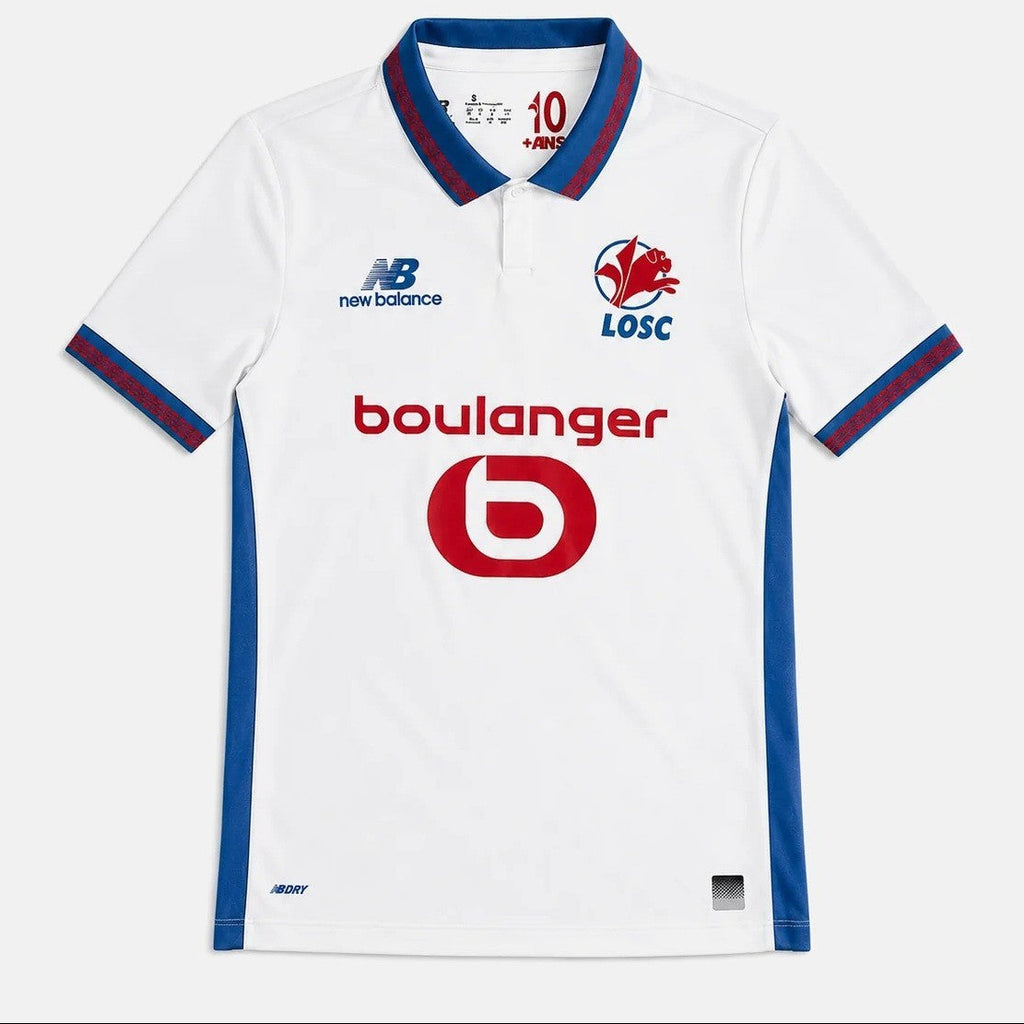 White LOSC football jersey with blue and red trim, featuring the New Balance logo, the LOSC crest, and a large red 'boulanger' sponsor logo on the front.